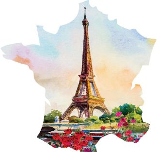 France Map - Paris Spring CMYK2 - Shaped - 24 Pieces whimsical wood jigsaw puzzle.