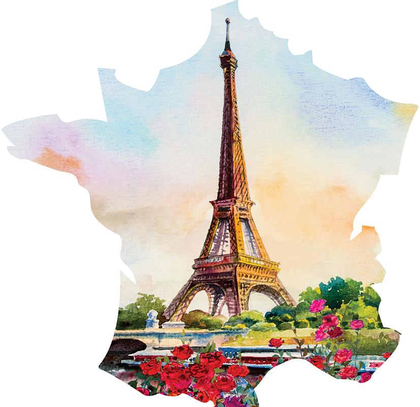 France Map - Paris Spring CMYK2 - Shaped - 24 Pieces whimsical wood jigsaw puzzle.