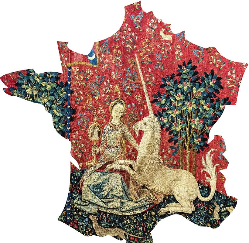 France Map - Lady & The Unicorn CMYK3 - Shaped - 24 Pieces whimsical wood jigsaw puzzle.