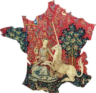 France Map - Lady & The Unicorn CMYK3 - Shaped - 24 Pieces whimsical wood jigsaw puzzle.