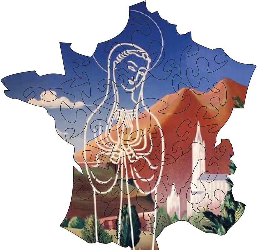 France Map - Lourdes Vintage poster CMYK5 - Shaped - 24 Pieces whimsical wood jigsaw puzzle.