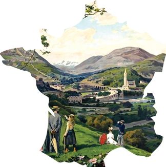 France Map - Pyrenees Lourdes poster CMYK6 - Shaped - 24 Pieces whimsical wood jigsaw puzzle.