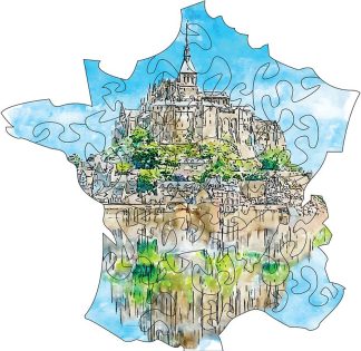 France Map - Mont St Michel CMYK7 - Shaped - 24 Pieces whimsical wood jigsaw puzzle.