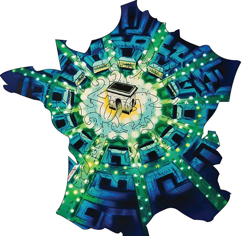 France Map - Arc de Triomphe CMYK8 - Shaped - 24 Pieces whimsical wood jigsaw puzzle.