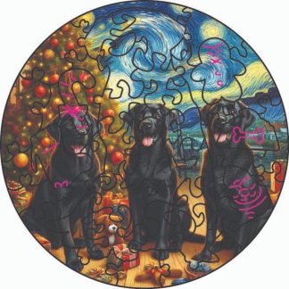 Globe - Xmas Puppy XL - Pandora's Starry Night - Round - 36 Pieces whimsical wood jigsaw puzzle.
