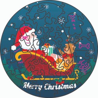Globe - Xmas Puppy S - Santa's Sleigh - Round - 36 Pieces whimsical wood jigsaw puzzle.