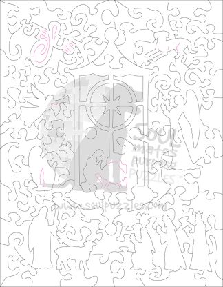 The Nativity - Blank laser cut keyline - Portrait, Rect - 88 Pieces whimsical wood jigsaw puzzle.