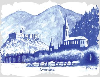 Lourdes Shaped - St Michael - Let It Be (Lourdes Blue Watercolour) - Shaped - 87 Pieces whimsical wood jigsaw puzzle.