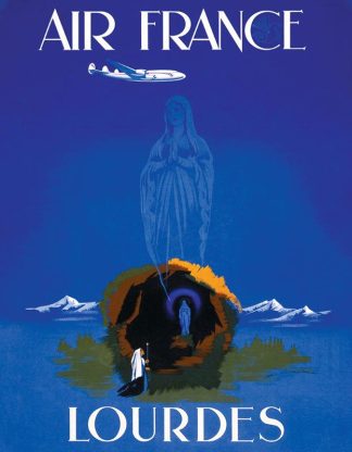 Pilgrimage at The Grotto, Lourdes - The Grotto (Blue Air France) - Portrait, Rect - 65 Pieces whimsical wood jigsaw puzzle.