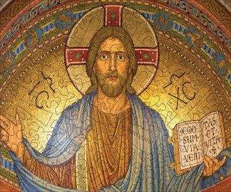 Crosses L pieces - Jesus Mosaic - Landscape, Rect - 88 Pieces whimsical wood jigsaw puzzle.