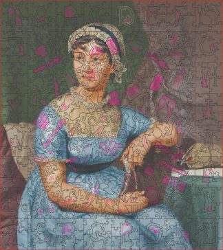 The Jane Austen Alphabet - Just Jane - Portrait, Rect - 508 Pieces whimsical wood jigsaw puzzle.