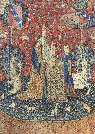 Lady & the Unicorn XL Generic Easy - Lady & the Unicorn (Taste & Hear images) - Portrait, Rect - 40 Pieces whimsical wood jigsaw puzzle.