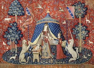 Lady & the Unicorn XL Generic Medium - Lady & the Unicorn (Desire & Smell images) - Landscape, Rect - 90 Pieces whimsical wood jigsaw puzzle.